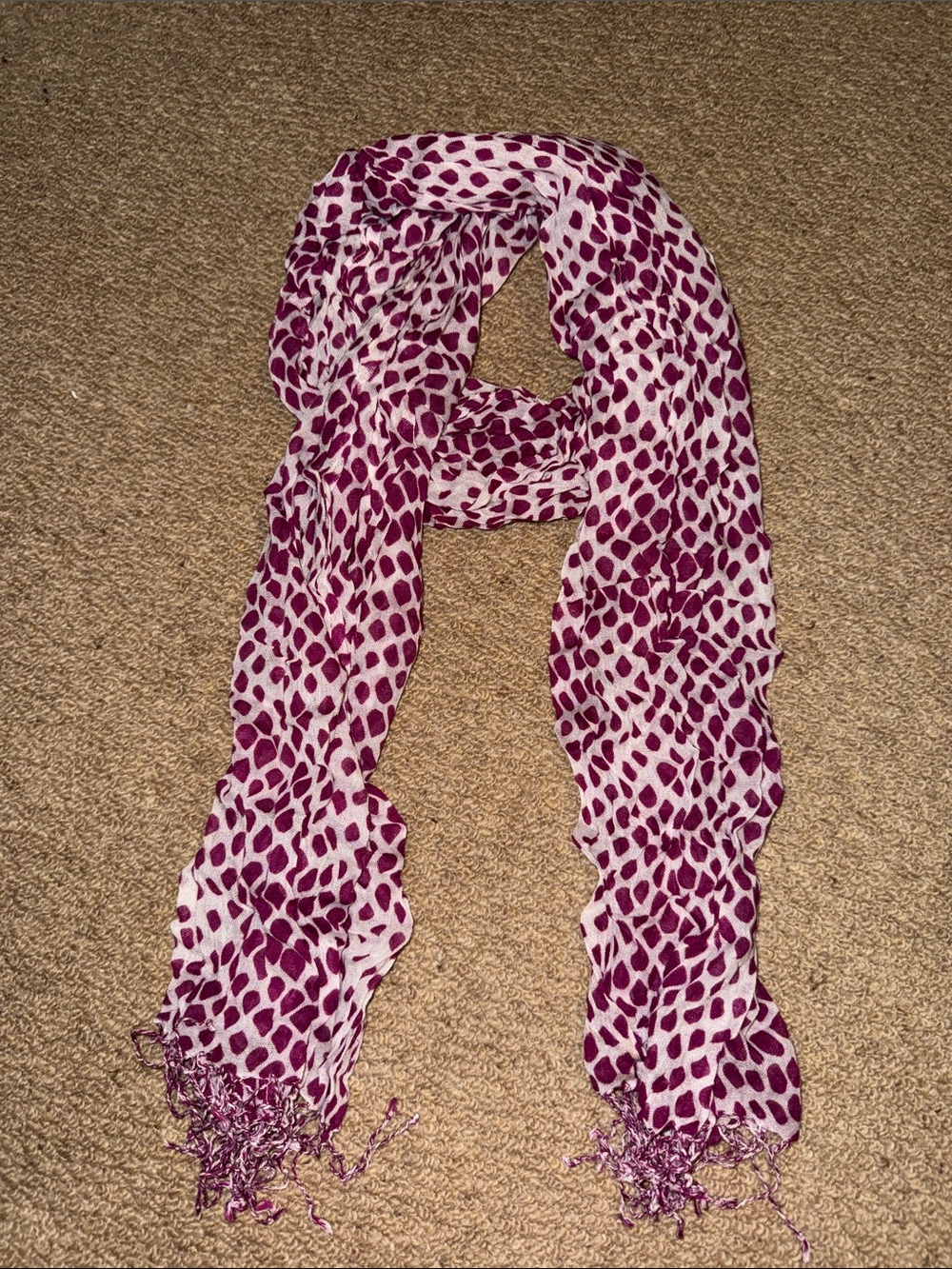 Purple and White Spot Print Fringed Scarf